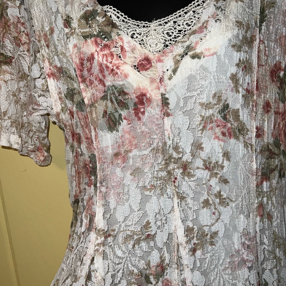 Nostalgia 90’s Floral Lace Inset Cottage Crinkle Romantic Maxi Dress Size M - Picture 6 of 12